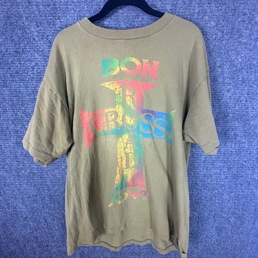 VTG Bon Jovi Cross Road 1994 95 World Tour T-Shirt Single Stitch Olive Lime XL